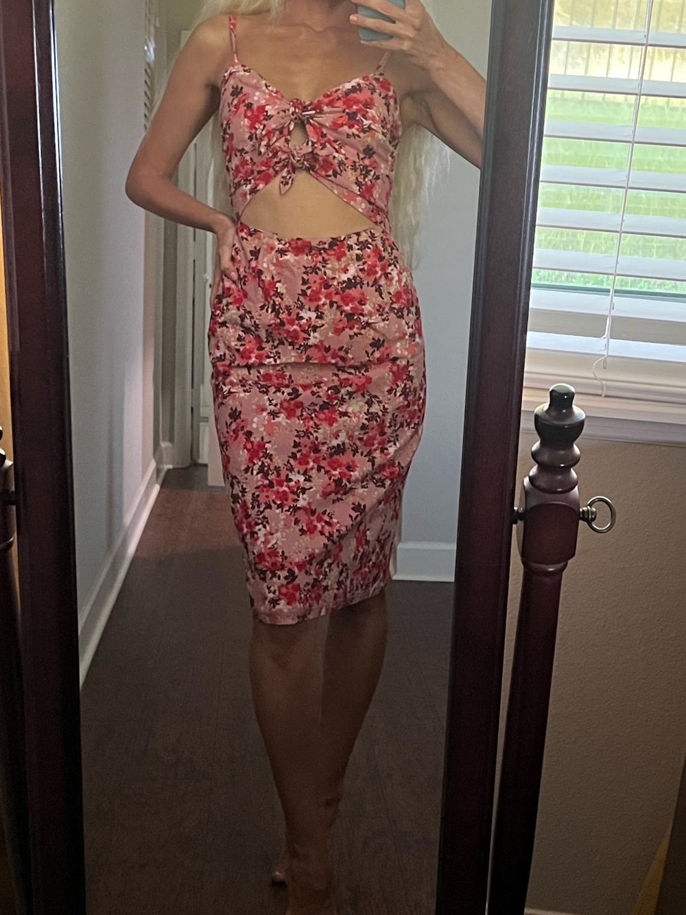 Wayf Pink and Red Floral Cutout Midi Skirt Set